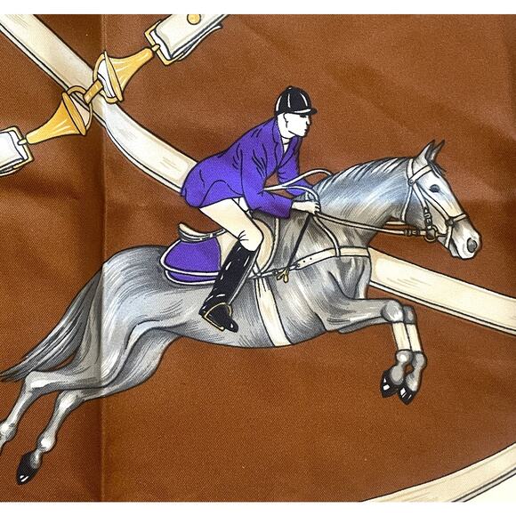 Equestrian Scarf 30" Square Brown Cream Purple Riding Horse Show Rope Bridle - Picture 2 of 5